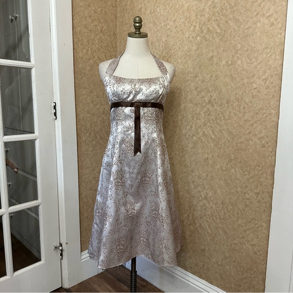 VTG Y2K 2000s Champagne & Brown Floral Square Neck Mesh Tulle Skirt Formal Dress - Picture 1 of 12